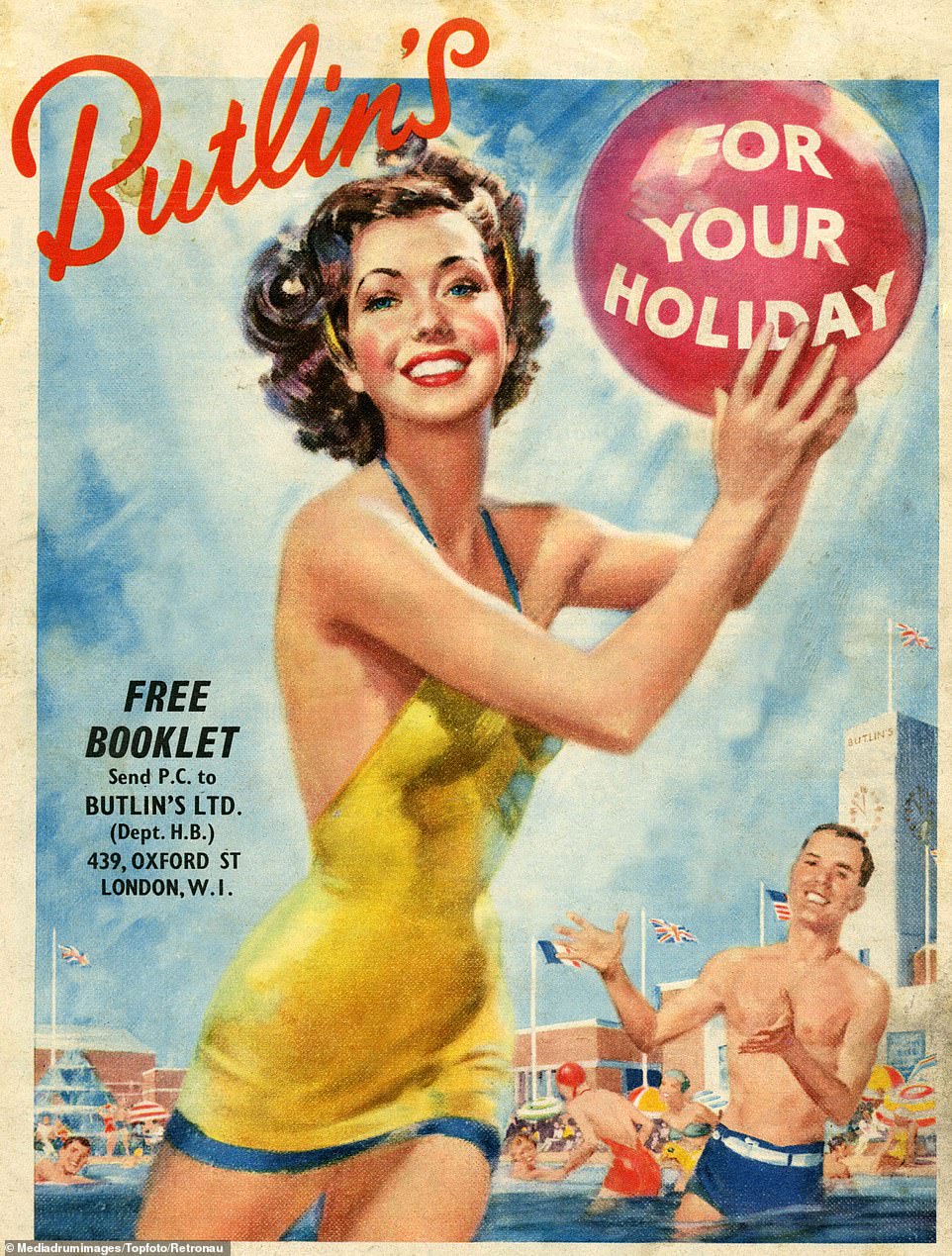 A colour advertisement for Butlin's Holidays which was very popular with families in the 1950s. In March, Butlin's was forced to close due to the coronavirus pandemic but is reopening today with new safety procedures
